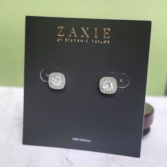 Zaxie Stefanie Taylor Cubic Zirconia Cushion Cut Halo Stud Earrings - Picture 1 of 5